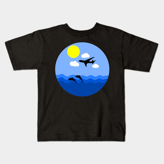 ocean dolphins aeroplane sky landscape Kids T-Shirt by happieeagle